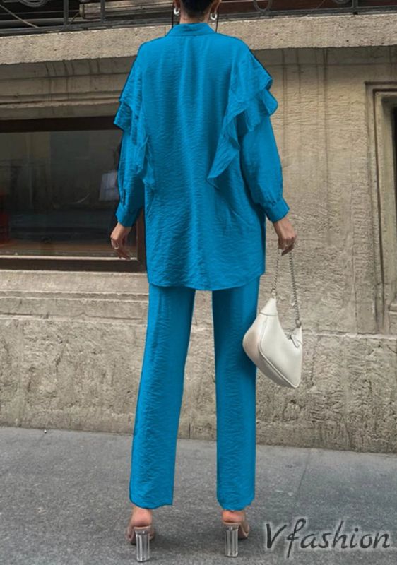 Комплект панталон и риза с волани - син