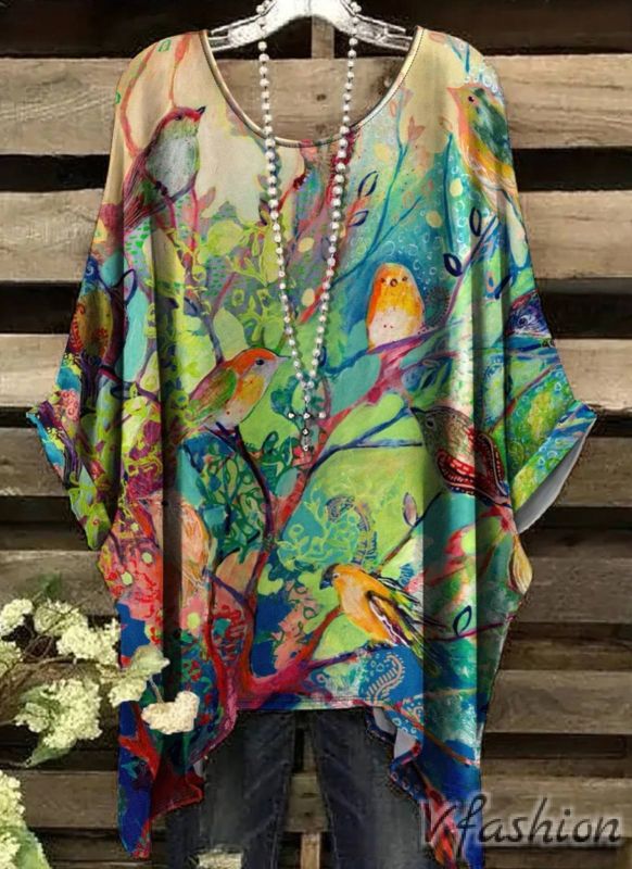 Еластична блуза с принт птици