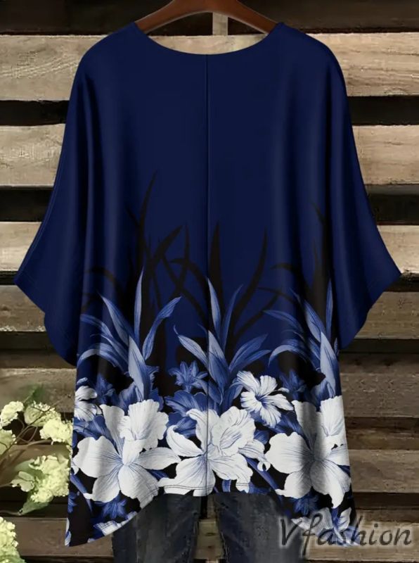 Еластична блуза с цветя - синя