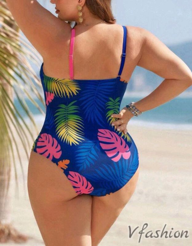 Цял бански с принт листа - син