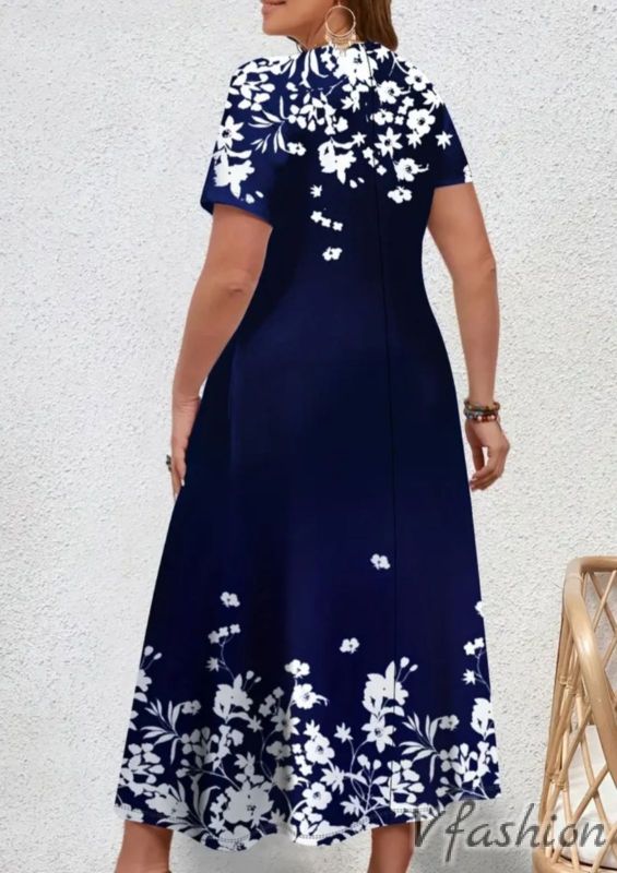 Еластична рокля с цветя - синя