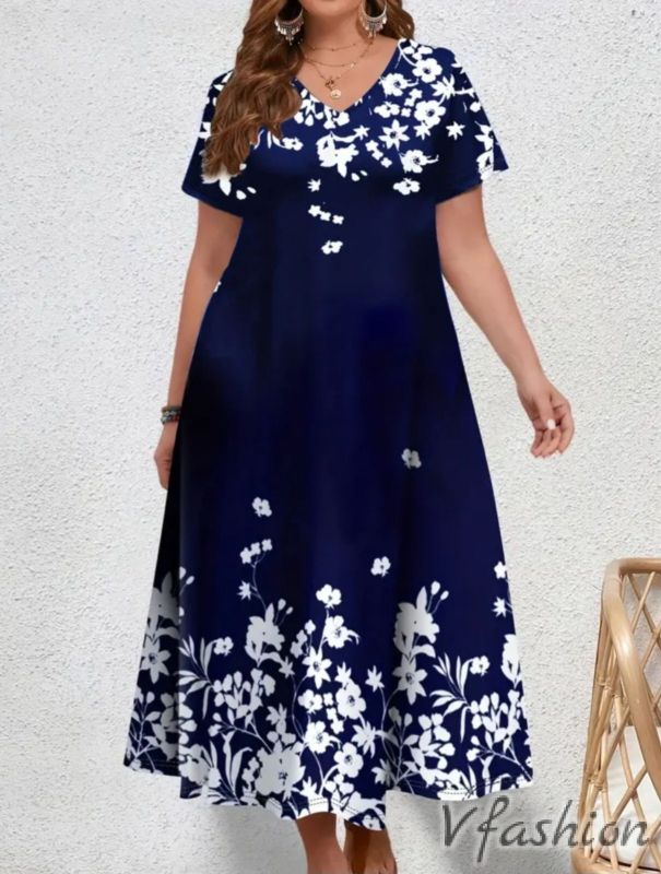 Еластична рокля с цветя - синя