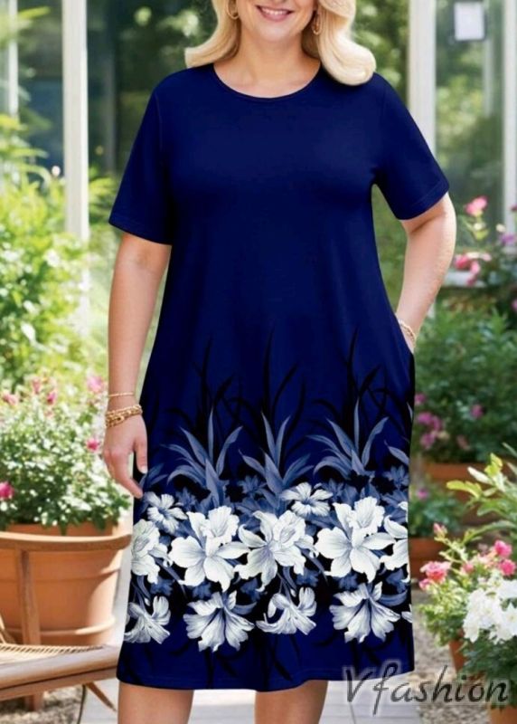 Рокля на цветя с джобове - синя