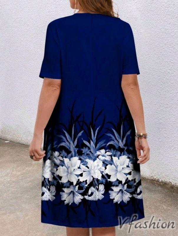 Рокля на цветя с джобове - синя