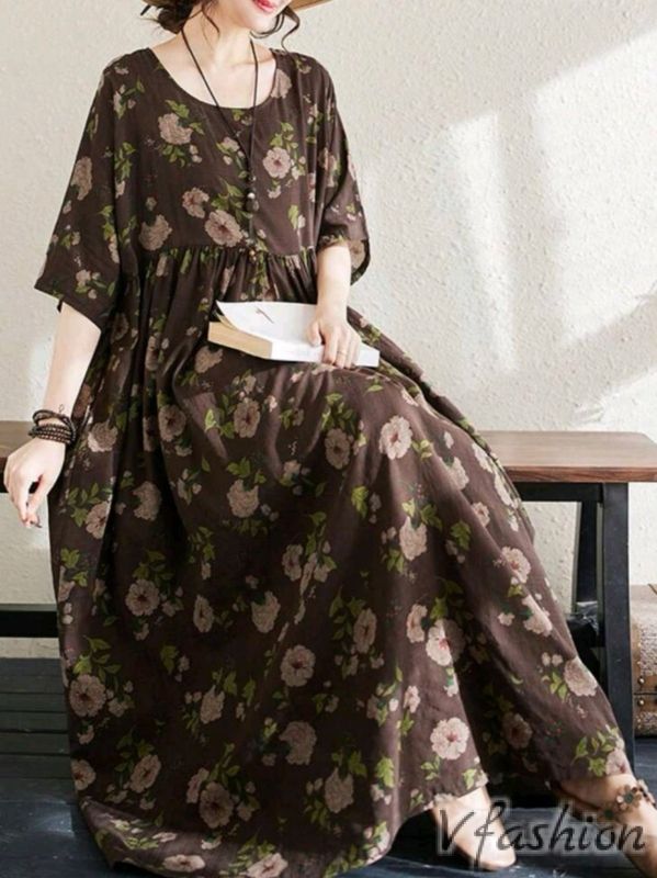 Разкроена рокля с джобове на цветя