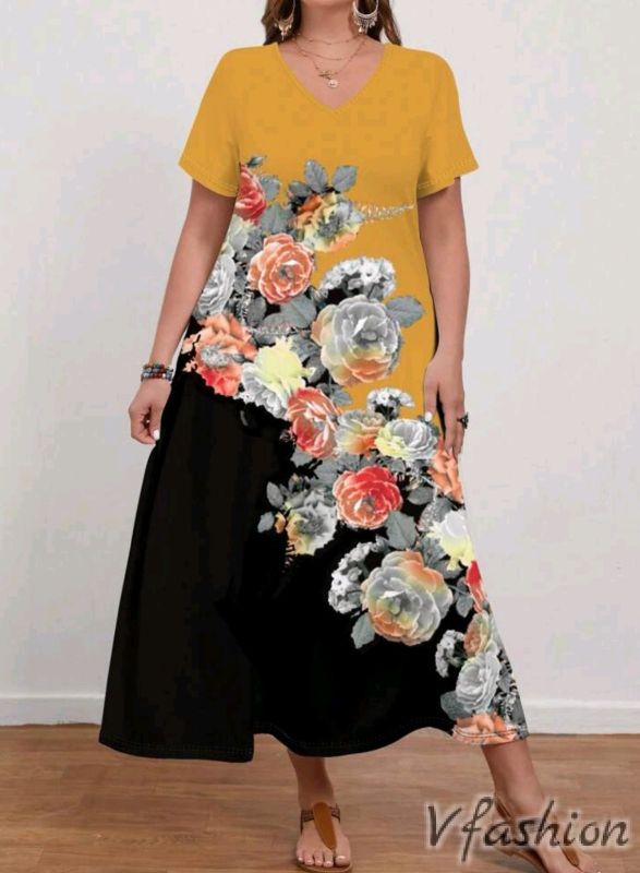Еластична рокля на цветя - жълто и черно