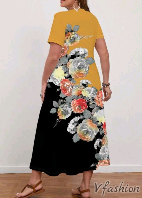 Еластична рокля на цветя - жълто и черно