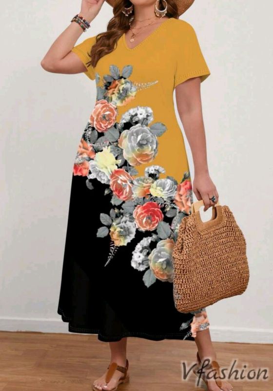 Еластична рокля на цветя - жълто и черно