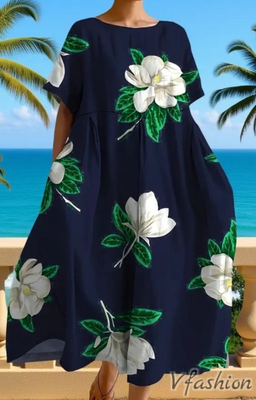 Лятна рокля с принт цветя и джобове