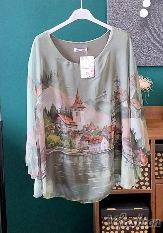 Комплект панталон солей и ефирна блуза - зелен