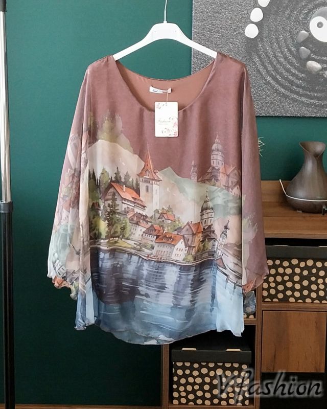 Комплект панталон солей и ефирна блуза - кафяв