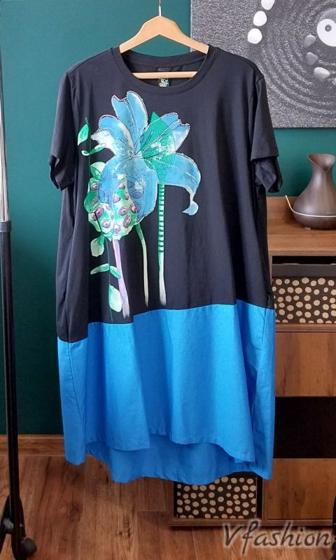 Памучна рокля с принт - черно и синьо