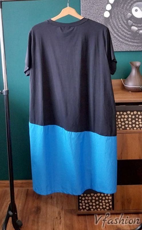 Памучна рокля с принт - черно и синьо