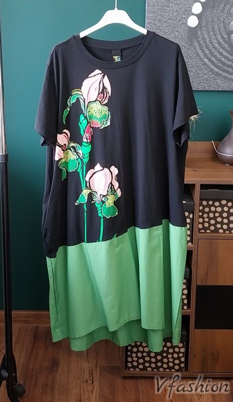 Памучна рокля с принт - черно и зелено