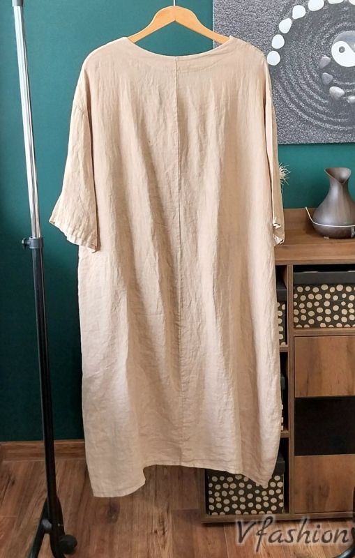 Ленена рокля с бродерии - бежова