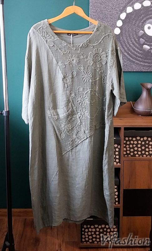 Ленена рокля с бродерии - зелена 