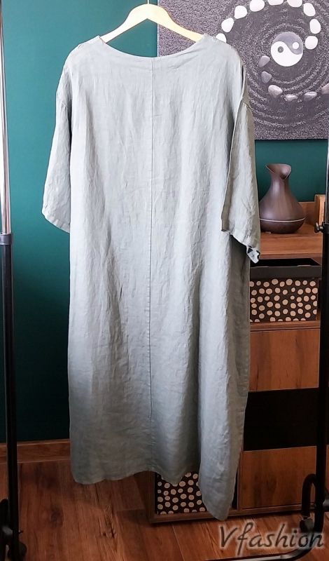 Ленена рокля с бродерии - зелена 