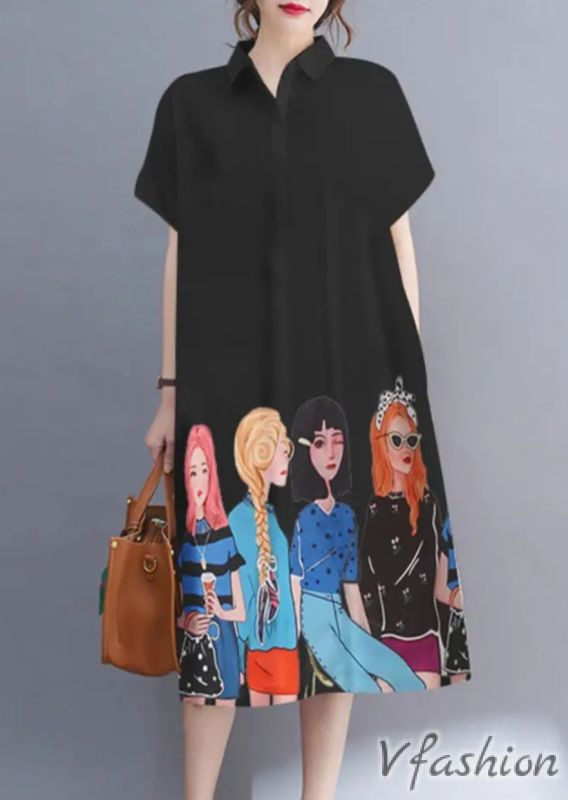 Рокля с принт и джобове - черна