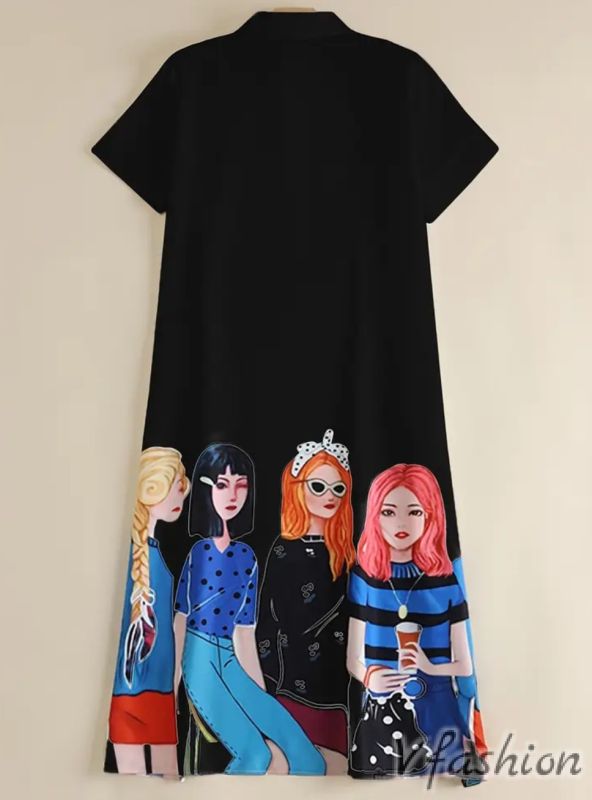 Рокля с принт и джобове - черна