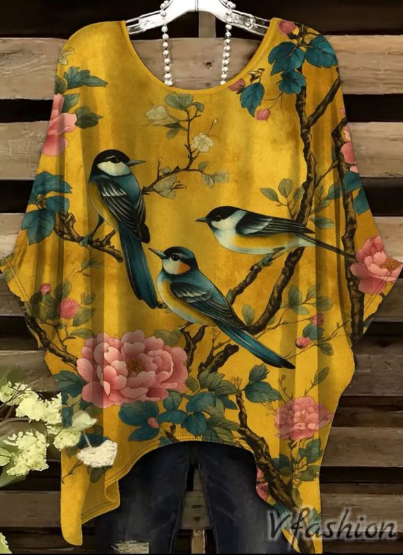 Еластична блуза с принт птици