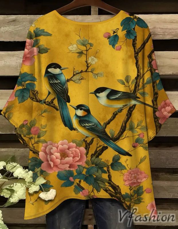 Еластична блуза с принт птици