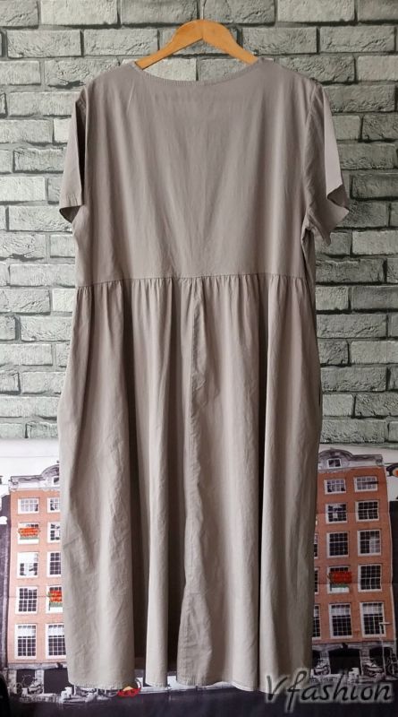 Памучна рокля с джобове - бежова