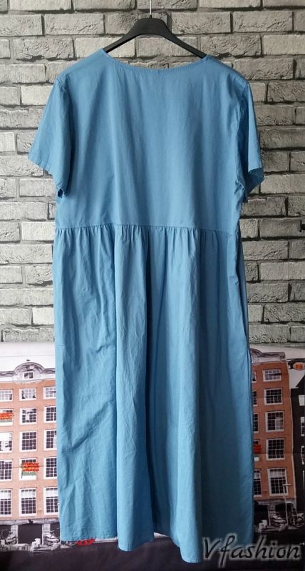 Памучна рокля с джобове - синя