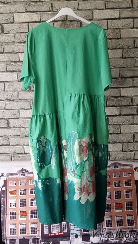 Памучна рокля с джобове - зелена