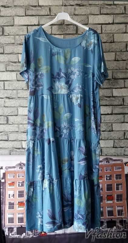 Памучна рокля на цветя с джобове - синя