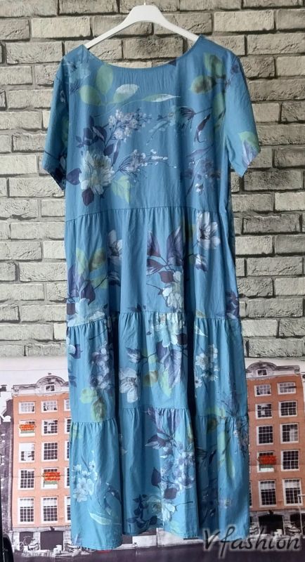 Памучна рокля на цветя с джобове - синя