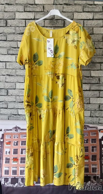 Памучна рокля на цветя с джобове - жълта