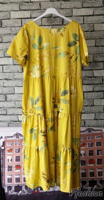 Памучна рокля на цветя с джобове - жълта