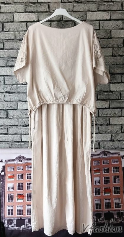 Памучна рокля с бродерии - бежова