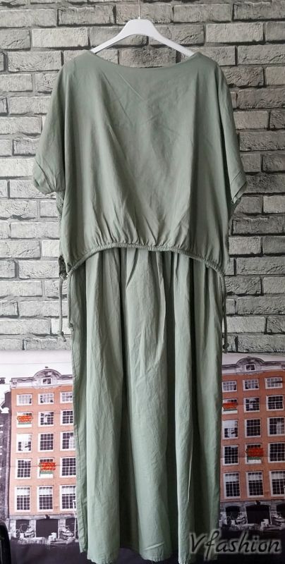 Памучна рокля с бродерии - зелена