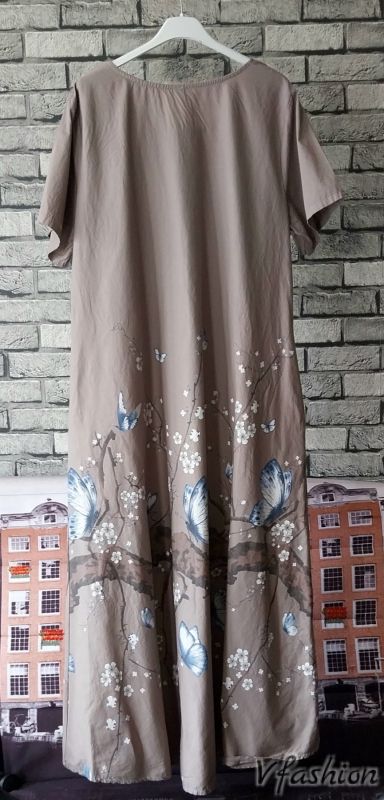 Памучна рокля с джобове и пеперуди - бежова