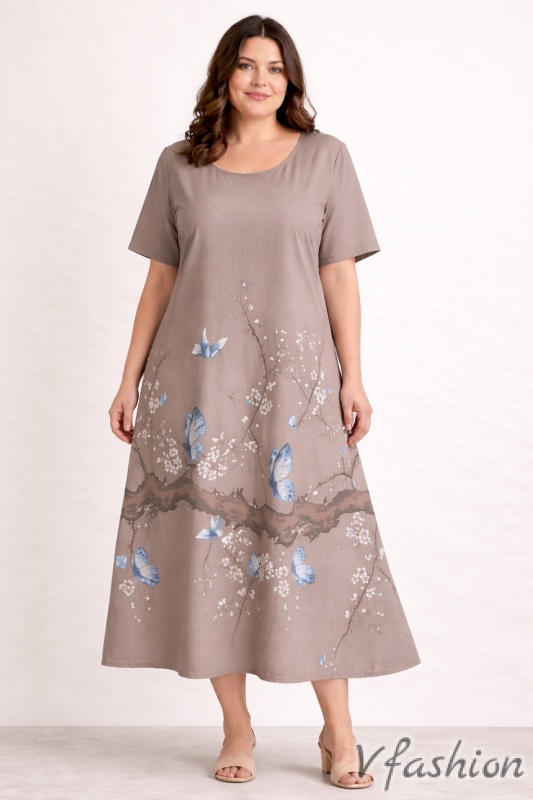 Памучна рокля с джобове и пеперуди - бежова