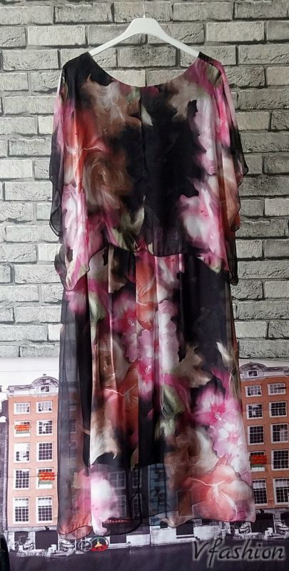 Копринена рокля на цветя - черна