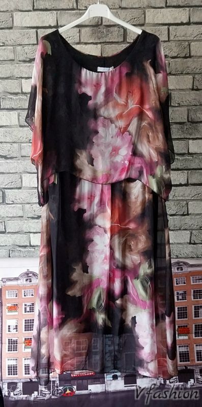 Копринена рокля на цветя - черна