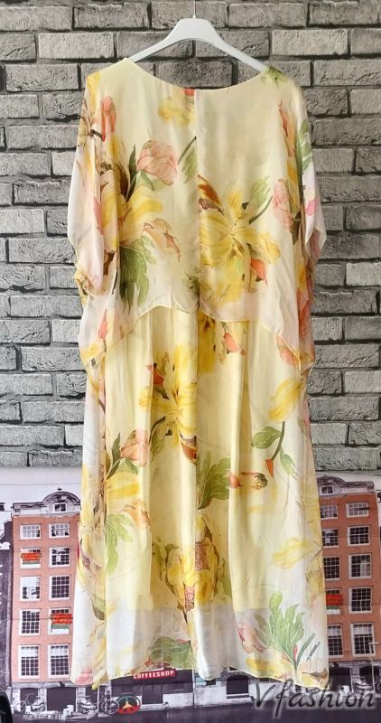 Копринена рокля на цветя - жълта