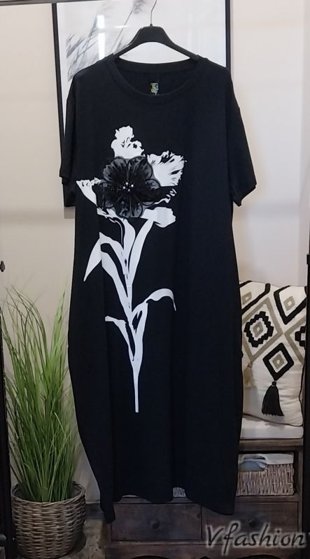 Памучна рокля с цвете от пайети