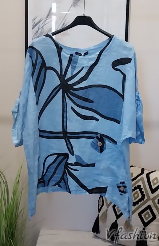 Ленен комплект с акценти - син