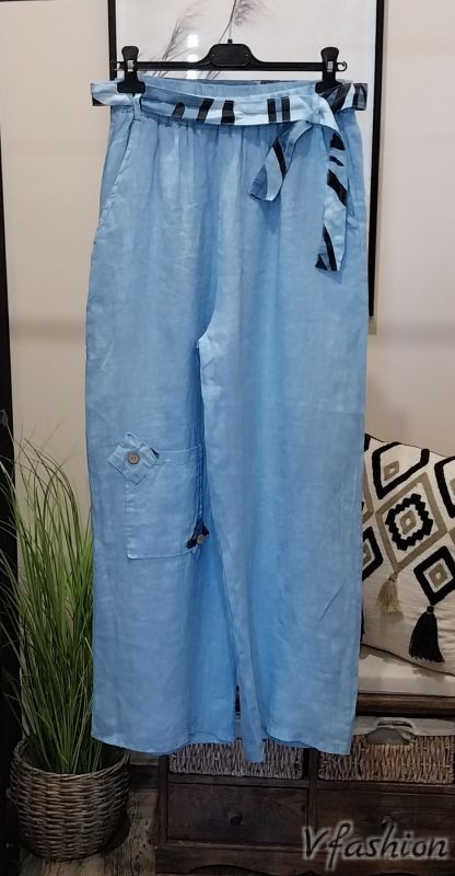 Ленен комплект с акценти - син