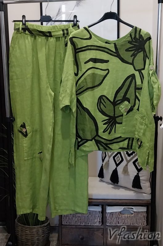 Ленен комплект с акценти - зелен