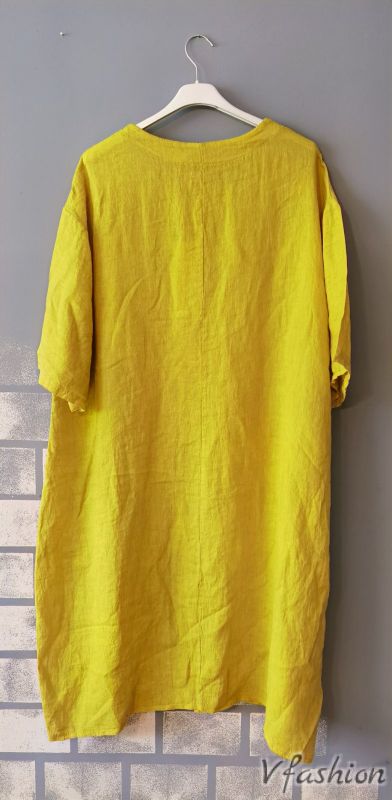 Ленена рокля с акценти - жълта