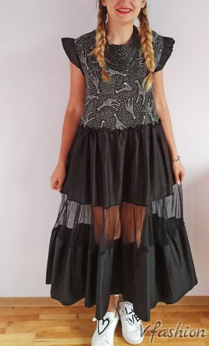 Дълга рокля с тюл - черна - 174826