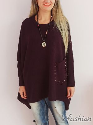 Широка блуза/пончо с джоб - лилава - 175300