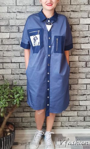 Асиметрична рокля/риза с джобове - синя - 175521