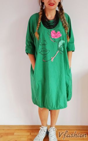 Рокля с арт лице с роза - зелена - 175541