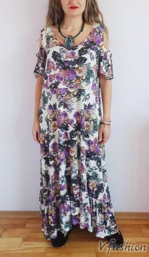 Дълга рокля с волан на лилави цветя - 175729