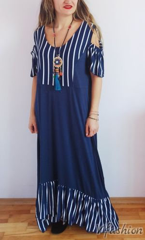 Дълга рокля с волан на райе - синя - 175730